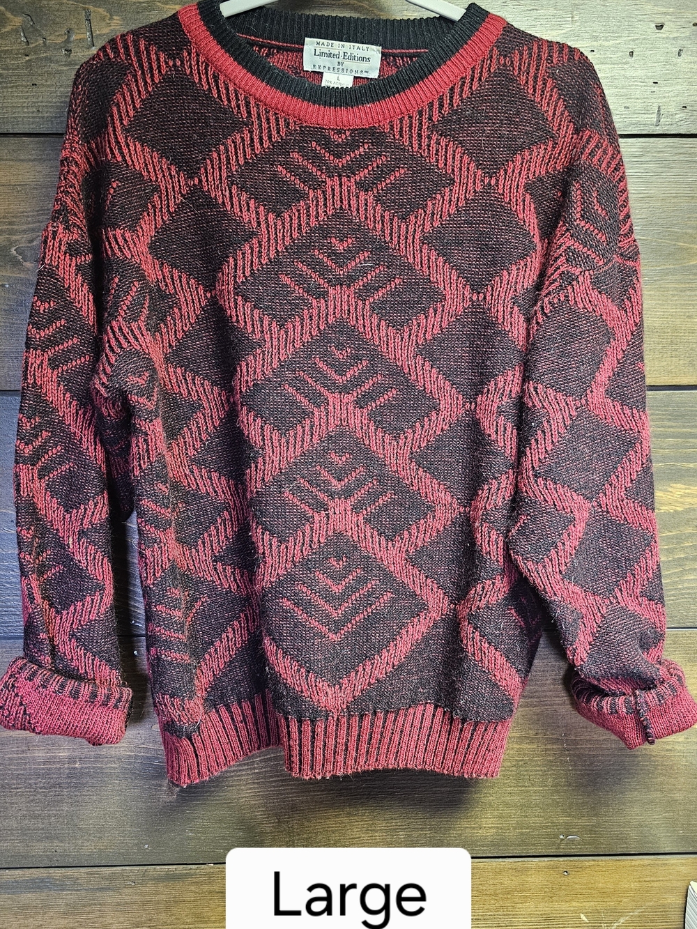 Men's Red and Black Patterned Crewneck Sweater - Large Made In Italy Wool